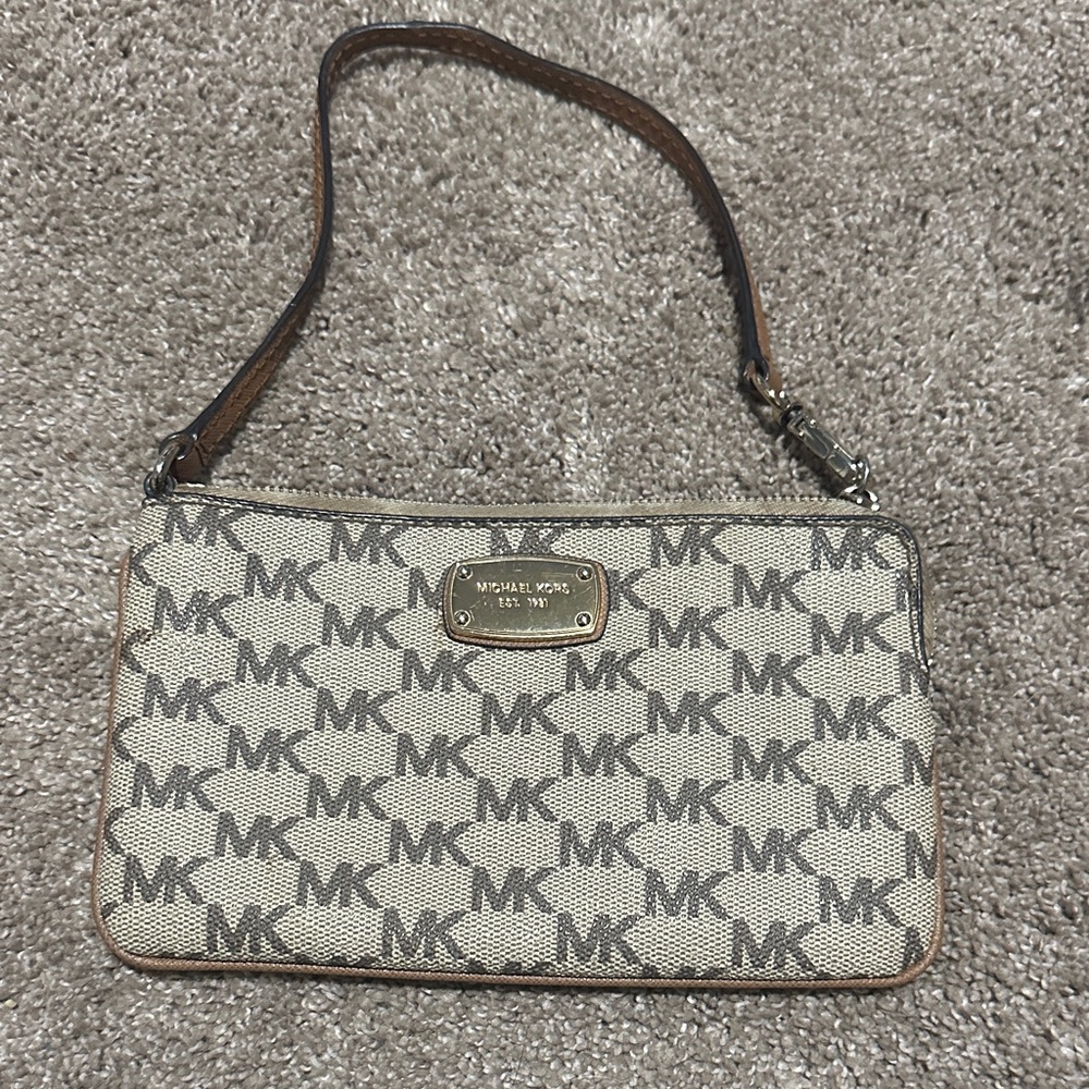 Michael Kors Monogram Cream and Brown Wristlet